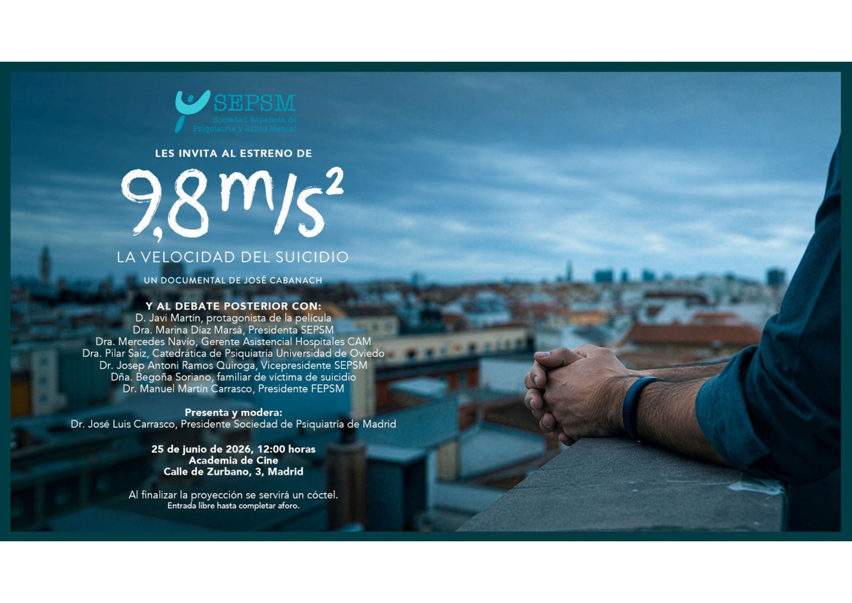 Invitación estreno documental "9,8 m/s². La velocidad del suicidio"